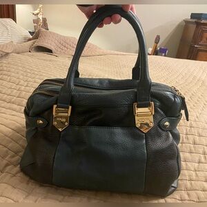 Perlina Black Leather Satchel with Gold Accents